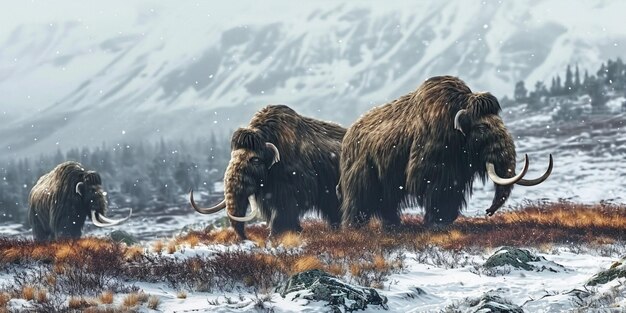 Una manada de mamuts de la era glacial prehistórica vagando por la tundra ártica