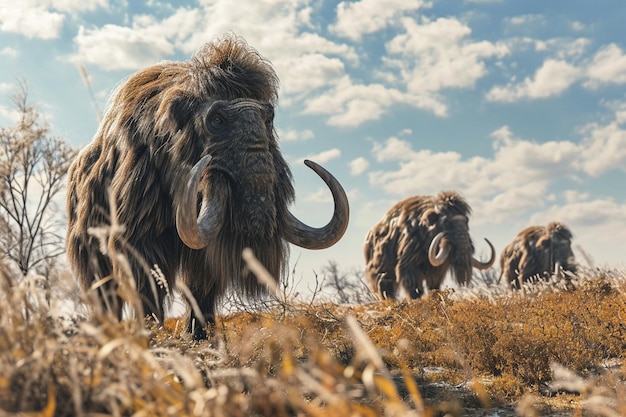 Una manada de mamuts de la era glacial prehistórica vagando por la tundra ártica