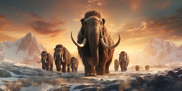 Foto una manada de mamuts de la era glacial prehistórica vagando por la tundra ártica