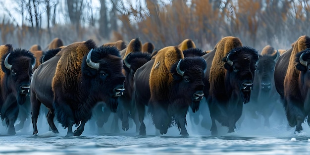 Foto una manada masiva de bisontes en movimiento concepto fotografía de vida silvestre naturaleza39s belleza migración de bisontes vida silvestre norteamericana animales majestuosos