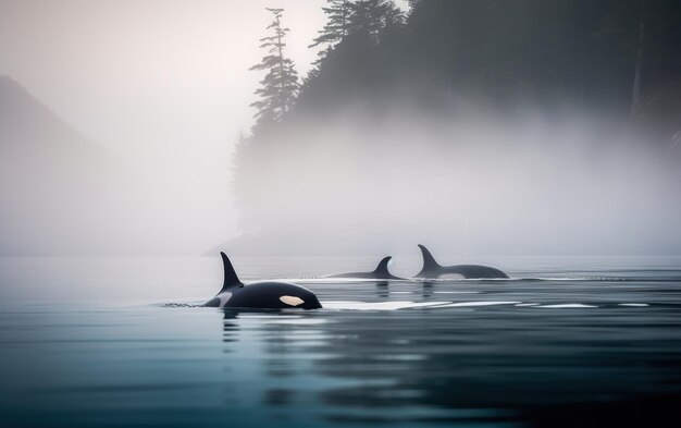 Una manada de orcas nada en el agua con árboles al fondo.