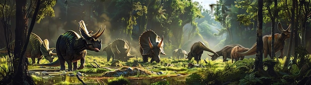 Una manada de Triceratops pastando pacíficamente en un valle exuberante