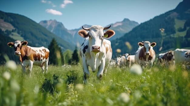 Una manada de vacas hermosas y sanas bien cuidadas pastan en un verde prado en las montañas La vida agrícola moderna