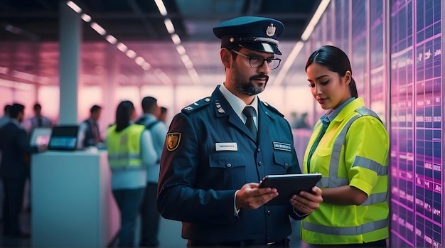 Manager sieht Tablet in der Logistik und im Lager mit Kopierraum Logistik und Lagerverwaltung