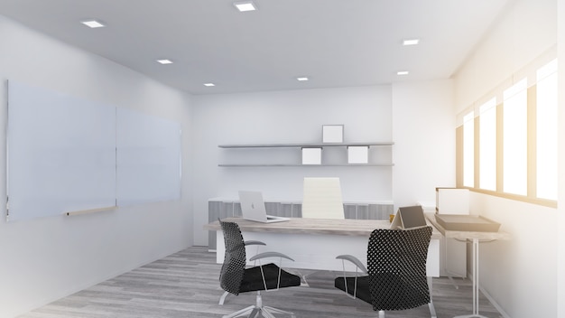 Managerzimmer mit Whiteboard und Sonnenlicht durch das Fenster, 3D-Rendering