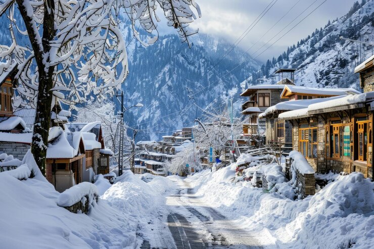 Manali en invierno El paisaje de la estación de la colina cubierta de nieve