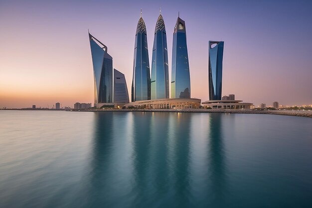 Foto manama, bahrein 14 de dezembro de 2017 uma bela vista do icônico edifício do world trade center ao pôr do sol na beira-mar de manama, bahrein