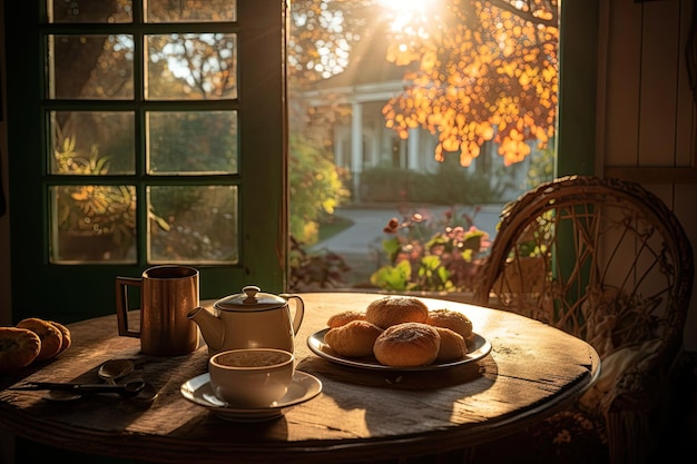 Mañana acogedora en el café al aire libre espresso y galletas en la mesa rústica generativa IA