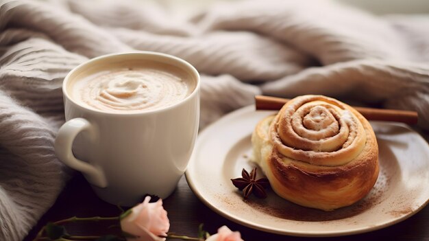 Una mañana acogedora con café y rollo de canela