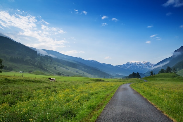 Mañana en los Alpes de Austria Impresionante vista sobre el valle de la aldea alpina y las montañas del paisaje natural