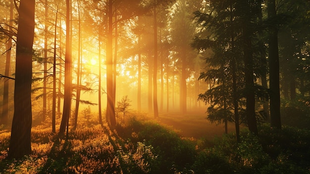 La mañana del amanecer dentro del bosque de fantasía Generativo Ai