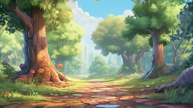mañana en el bosque de fantasía con grandes árboles en el estilo de ilustración de dibujos animados anime