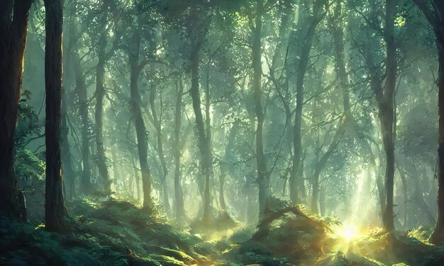 Mañana en el bosque de hadas El sol ilumina el follaje y los troncos de los árboles Niebla matutina Ilustración 3d