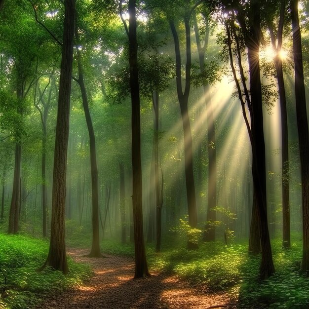 Mañana en el bosque verde con rayos de sol y rayos de luz.