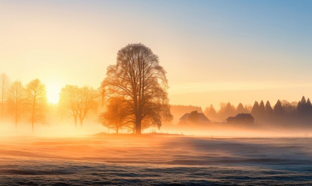 Foto mañana brumosa en el bosque de invierno árboles en la niebla