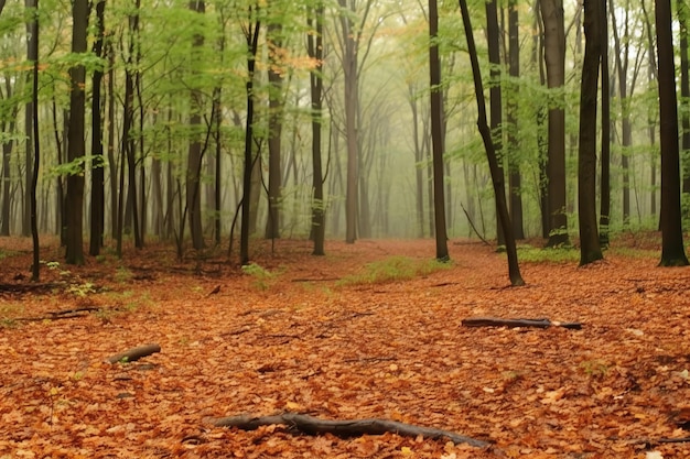 Mañana brumosa en el bosque de otoño