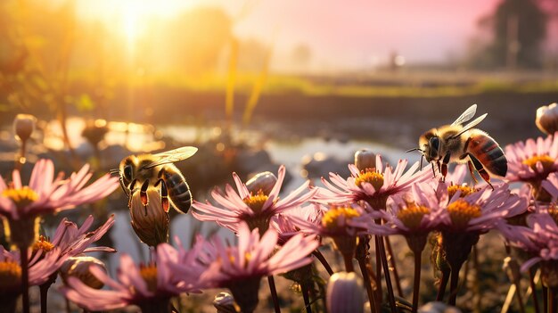 Mañana brumosa en un campo de flores silvestres abejas zumbando