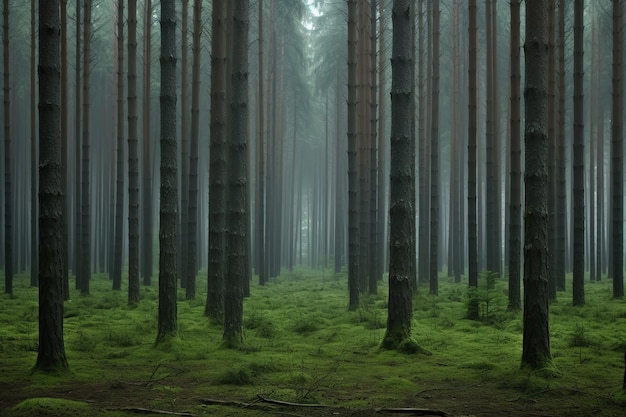 Mañana brumosa en un denso bosque de pinos