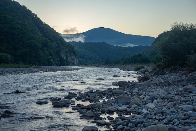 Mañana brumosa junto al río de montaña Ashe