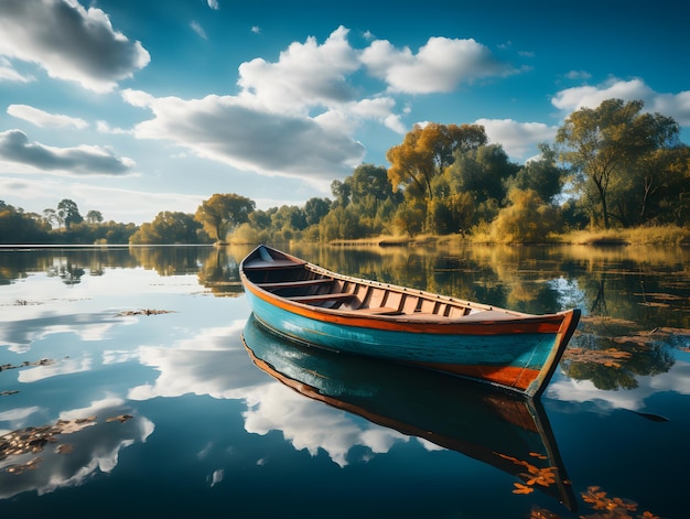 Mañana brumosa en el lago con barco de madera y hojas de otoño