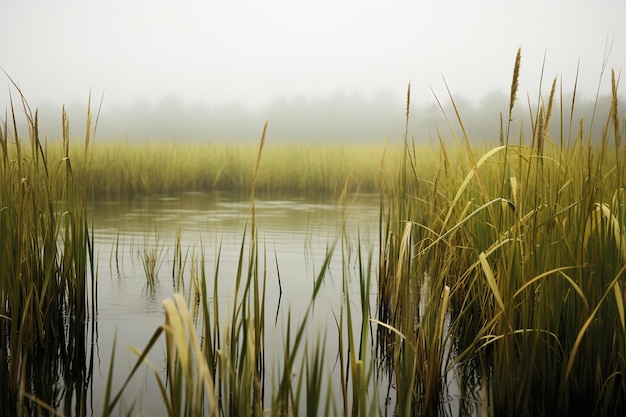 Mañana brumosa de otoño en un lago