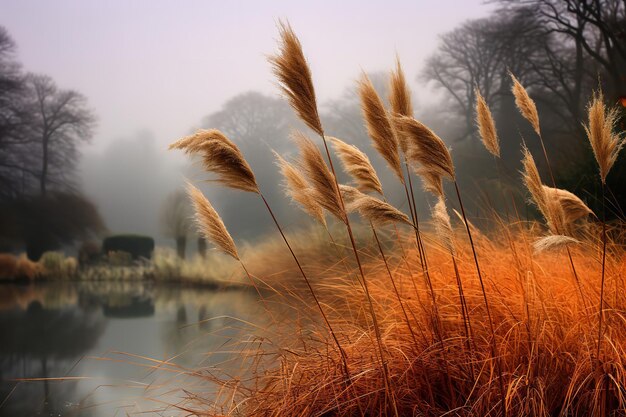 Mañana brumosa de otoño en un lago