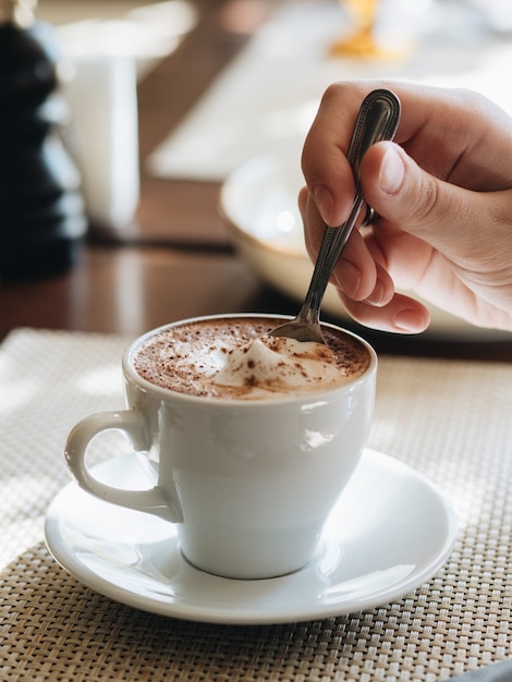 Mañana en el café. Una taza de capuchino con canela