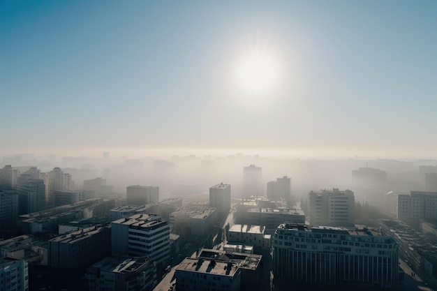 Mañana en la ciudad con cielo azul claro y smog visible en el horizonte