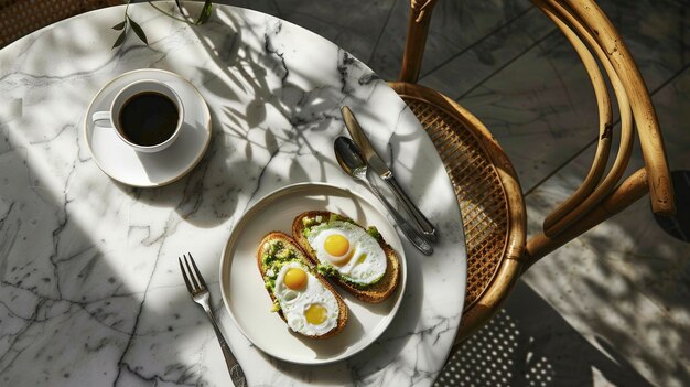 La mañana deleita las tostadas de aguacate con huevos acompañadas de una taza de café en una mesa de mármol con utensilios de plata
