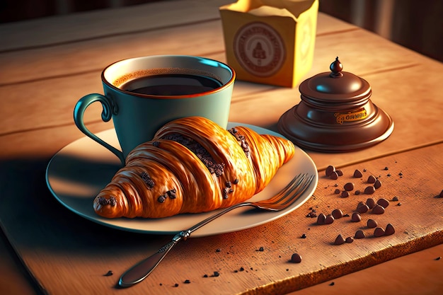 Mañana delicioso croissant para hornear con chocolate y café.