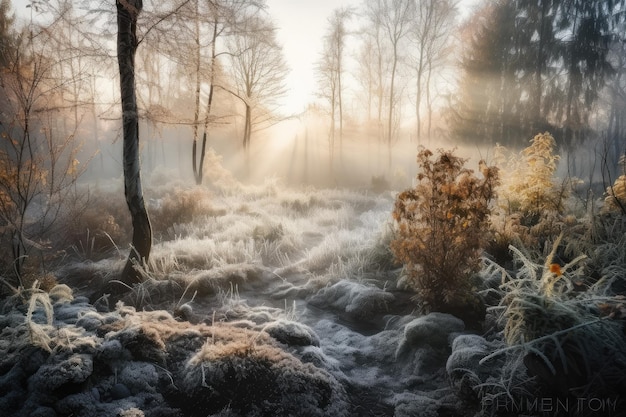 Mañana helada en el bosque con niebla que se eleva desde el suelo creada con ai generativo