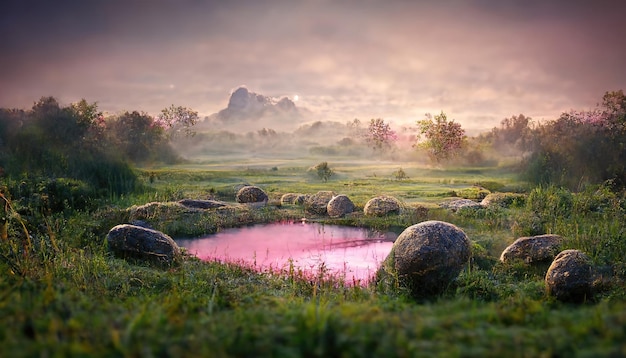 Por la mañana un lago entre un campo verde se balancea bajo un cielo rosa