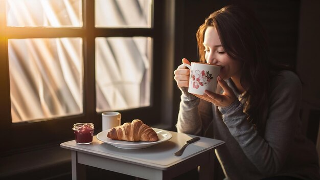 Mañana de mujeres con café y croissant