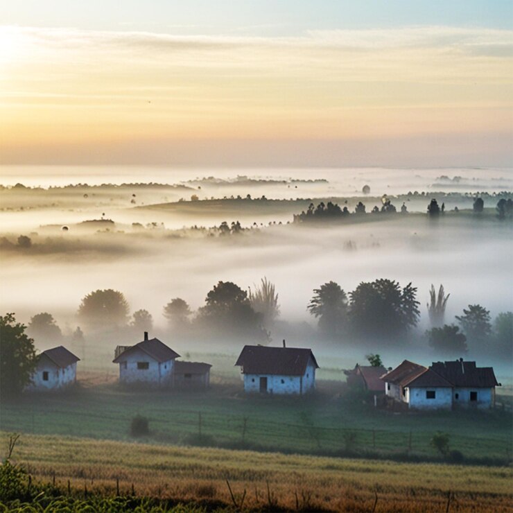una mañana de niebla con casas en el primer plano y casas en el fondo