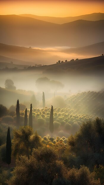 Una mañana de niebla en las colinas de toscana.