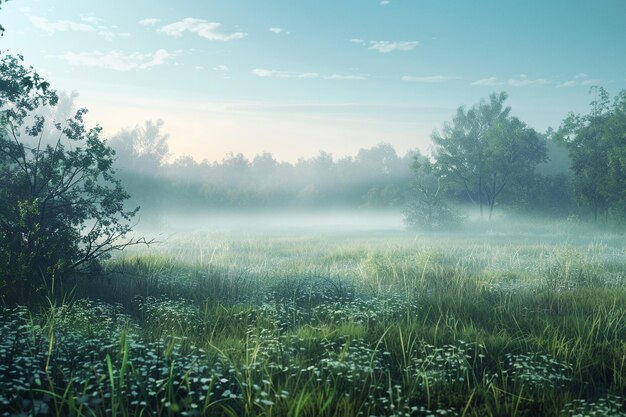 Una mañana de niebla en un prado tranquilo