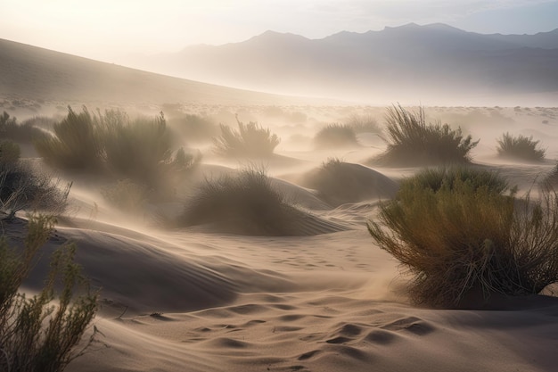 Mañana nublada en el desierto con dunas ondulantes y niebla que se eleva desde la arena