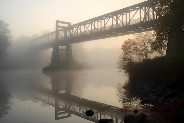 Mañana nublada con puente desapareciendo en niebla creada con ai generativo