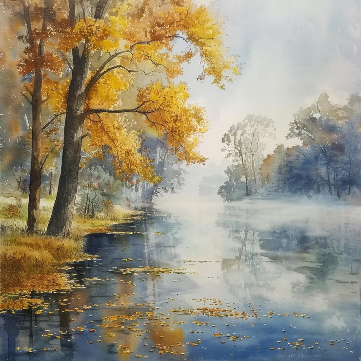 Mañana de otoño brumosa junto al río