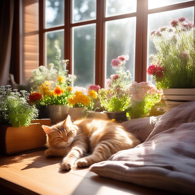 Mañana Serenidad La luz del sol en el gato rojo dormido El lindo gato rojo blanco gracioso en el alféizar de la ventana