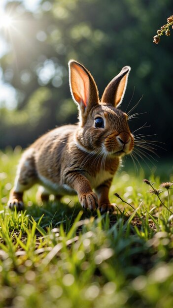 Foto una mañana soleada kiki el pequeño conejo corrió felizmente en el prado