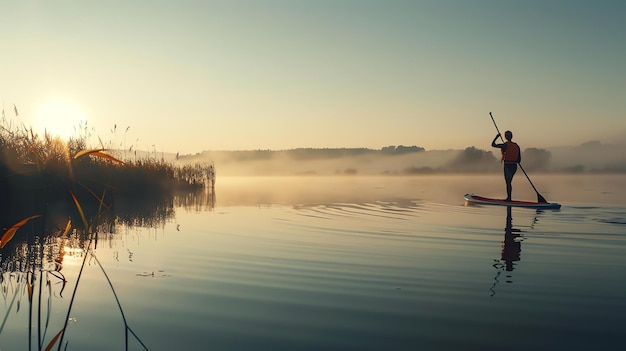 Foto por la mañana temprano, en un lago tranquilo, el sol se levanta sobre el horizonte y el agua está quieta y vidriosa.