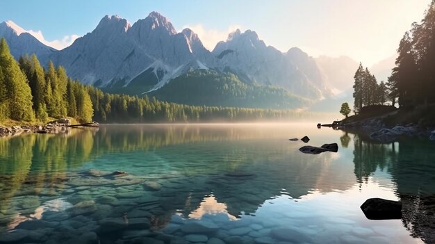 Mañana tranquila vista del lago Fusin Colorido amanecer de verano en los Alpes Julianos