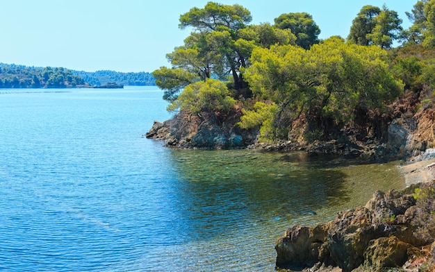 Mañana de verano paisaje rocoso de la costa del mar Egeo con pinos en la orilla y una pequeña playa, Sithonia (cerca de Ag. Kiriaki), Halkidiki, Grecia. Tres disparos unen panorámicas de alta resolución.