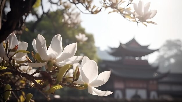 Mañana de verano Árbol de magnolia Magnolia blanca floreciendo