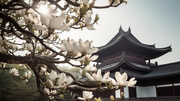 Mañana de verano Árbol de magnolia Magnolia blanca floreciendo