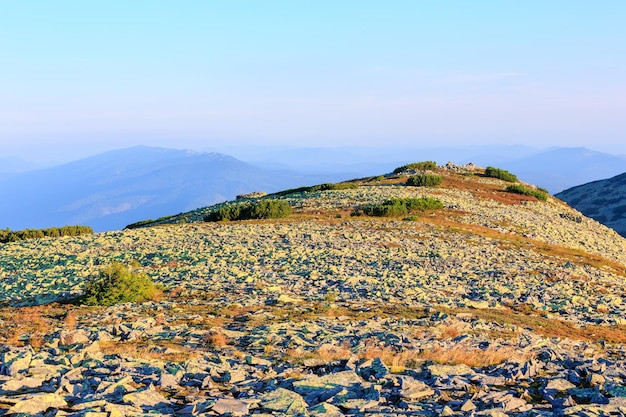 Mañana de verano Vista de la cima de la montaña de los Cárpatos desde la cumbre pedregosa del monte Ihrovets (Gorgany, Ucrania).