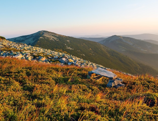 Mañana de verano Vista de la cima de la montaña de los Cárpatos desde la cumbre pedregosa del monte Ihrovets (Gorgany, Ucrania).