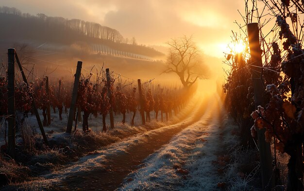 Mañanas de invierno en campos y viñedos con el sol surgiendo de sus cenizas