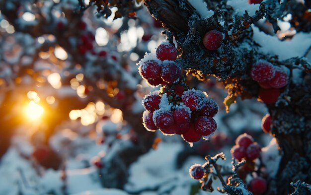 Mañanas de invierno en campos y viñedos con el sol surgiendo de sus cenizas